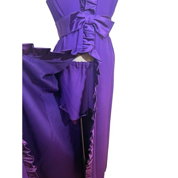 Vtg 70s Purple Ruffle Maxi Dress High Slit Hot Shorts Disco Formal 30" W Event - Picture 3 of 10